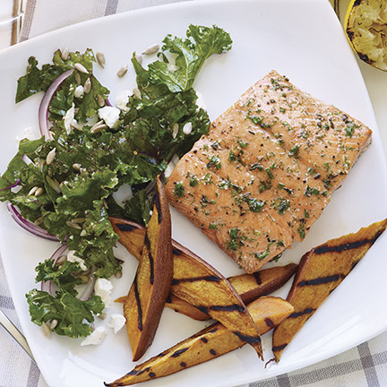 Cedar Plank Grilled Salmon with Sweet Potatoes