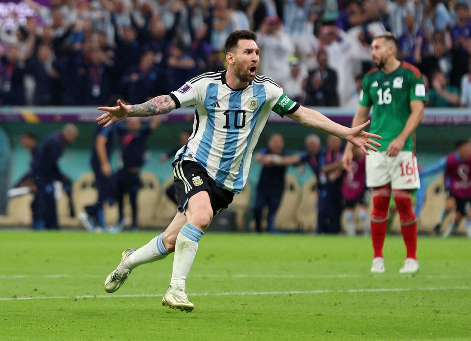 Argentina's Lionel Messi celebrates scoring their first goal REUTERS Pedro Nunes