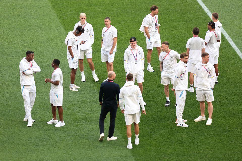 General view of Germany players on the pitch before the match REUTERS Molly Darlington