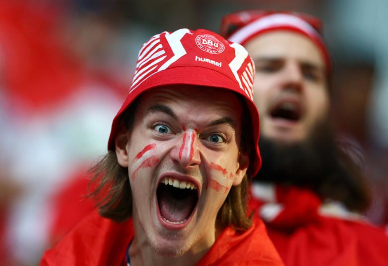 A Denmark fan reacts inside the stadium before their match against Tunisia. REUTERS/Bernadett Szabo